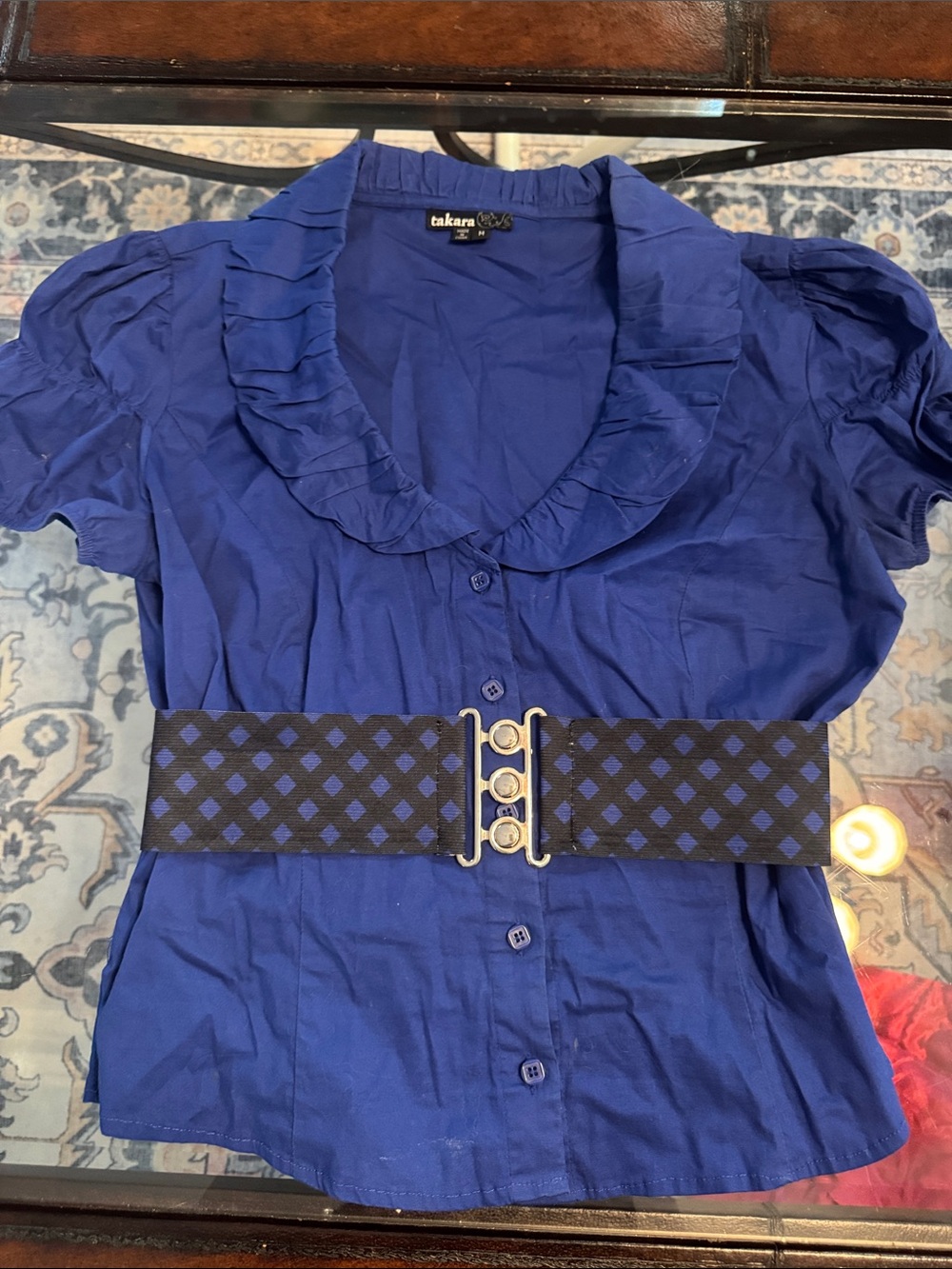 Takara Cobalt Blue Ruffled Blouse with Black and Blue Elastic Waist Belt